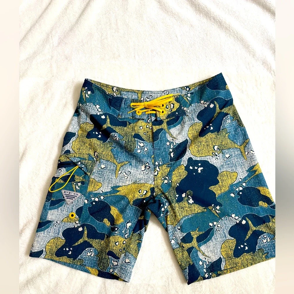 Columbia Blue and Yellow Camouflage swim trunks - Picture 1 of 4